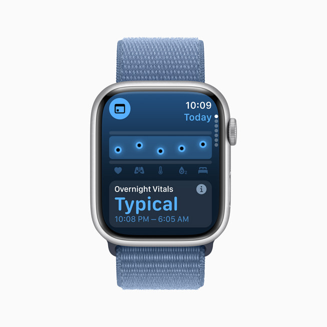 Apple Watch Series 9’daki Vitals uygulaması, kullanıcının gece boyunca ölçülen tipik yaşamsal değerlerini gösteriyor.