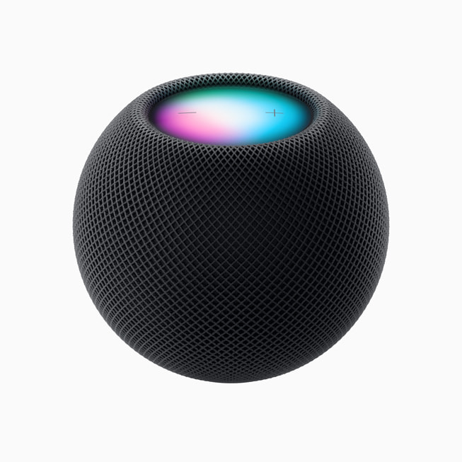 Een close-up van de nieuwe HomePod mini in de kleur middernacht.