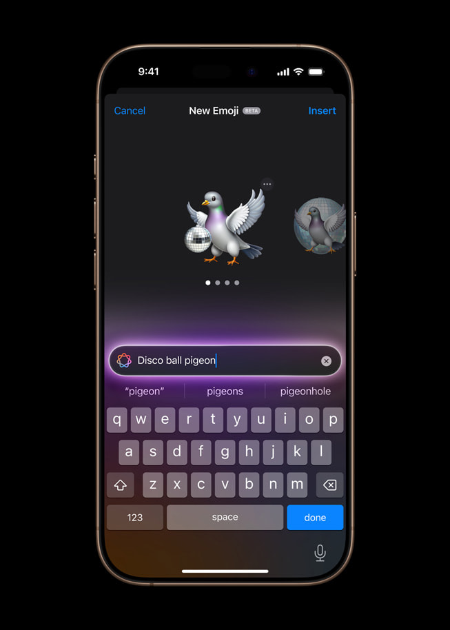 Een gegenereerde Genmoji van een discoduif op iPhone 16 Pro.
