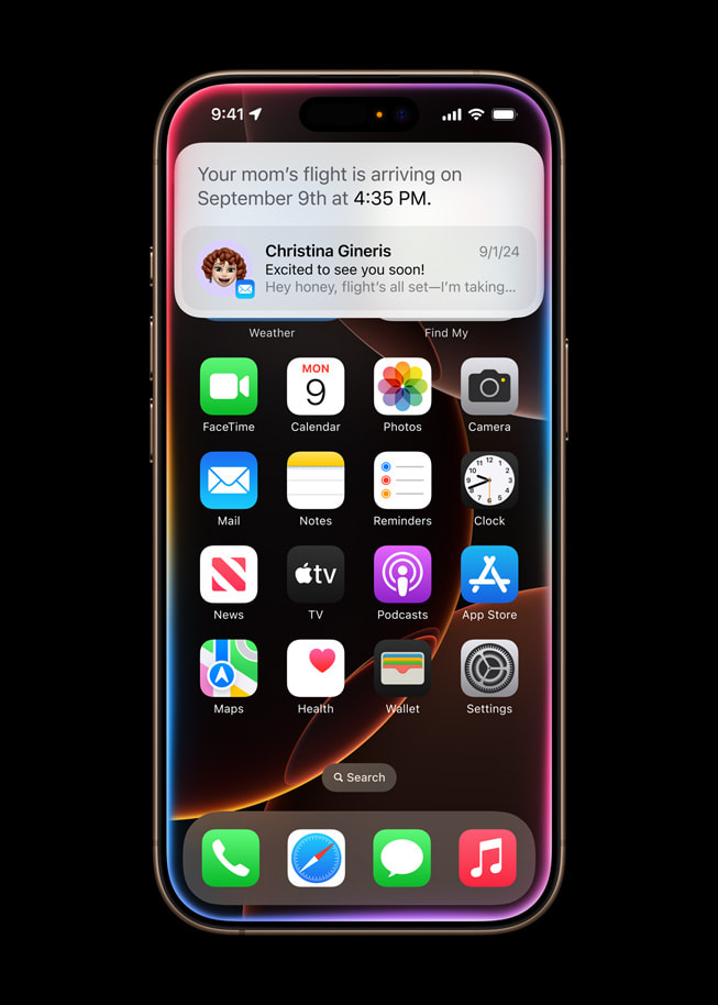 Sur un iPhone 16 Pro, Siri montre à l’utilisateur les détails du vol de sa mère.