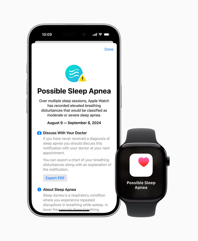 Apple Watch Series 10とiPhone 16 Proに表示されている、新しい睡眠時無呼吸の通知機能。