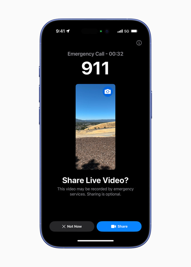 iPhone 16, “Canlı Video Paylaşılsın mı?” yazısıyla birlikte bir acil durum aramasını gösteriyor.