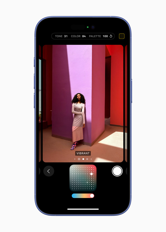 iPhone 16, alt tarafta bir kontrol panelinin bulunduğu Fotoğrafik Stiller ekranını gösteriyor.
