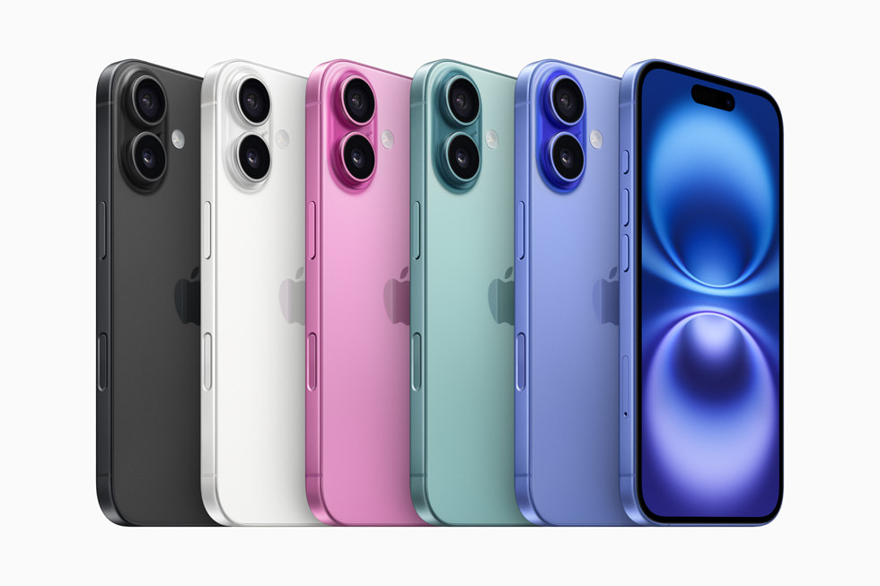 iPhone 16 aygıtları siyah, beyaz, pembe, deniz mavisi ve laciverttaş renklerinde gösteriliyor.
