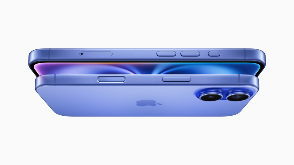 Laciverttaş renkli iPhone 16 ve iPhone 16 Plus grup halinde gösteriliyor.