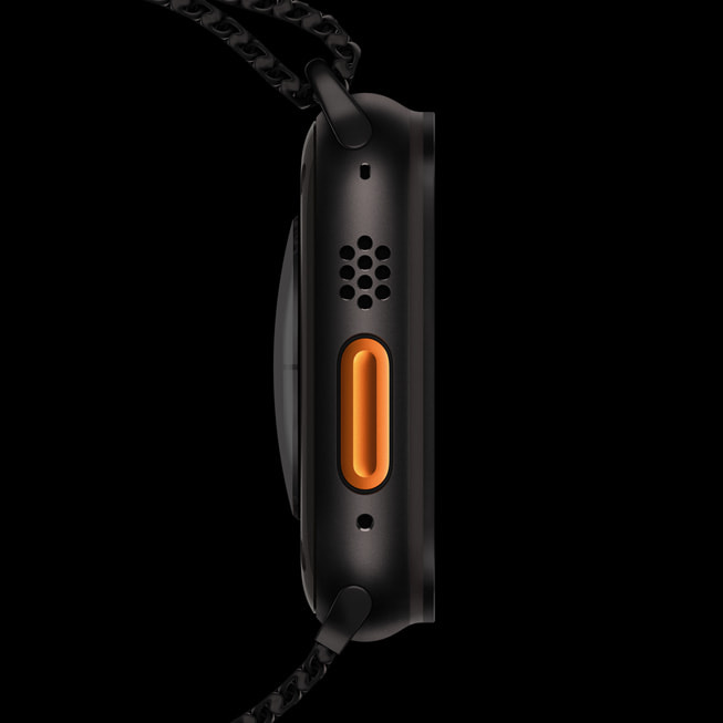 Närbild på snabbknappen på Apple Watch Ultra 2.