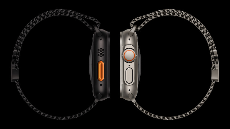 Nya milanesisk loop med Apple Watch Ultra 2 i svart respektive naturligt titan.