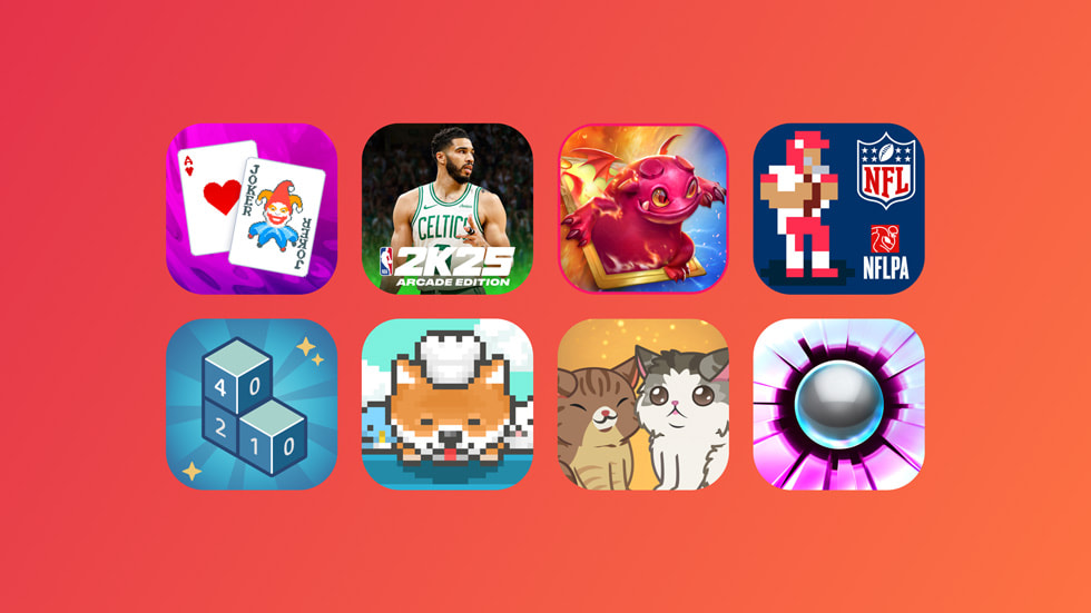En collage av chiclets som representerer de åtte spillene som kommer på Apple Arcade. 
