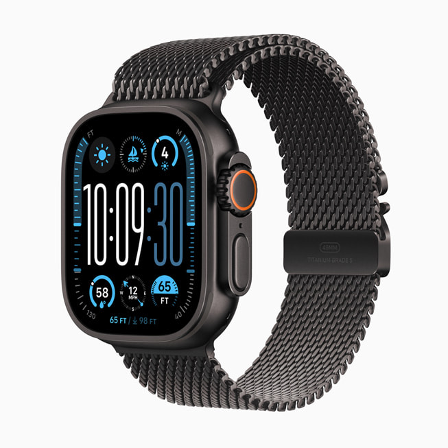 La nouvelle Apple Watch Ultra 2 en titane noir avec le nouveau Bracelet Milanais en titane.