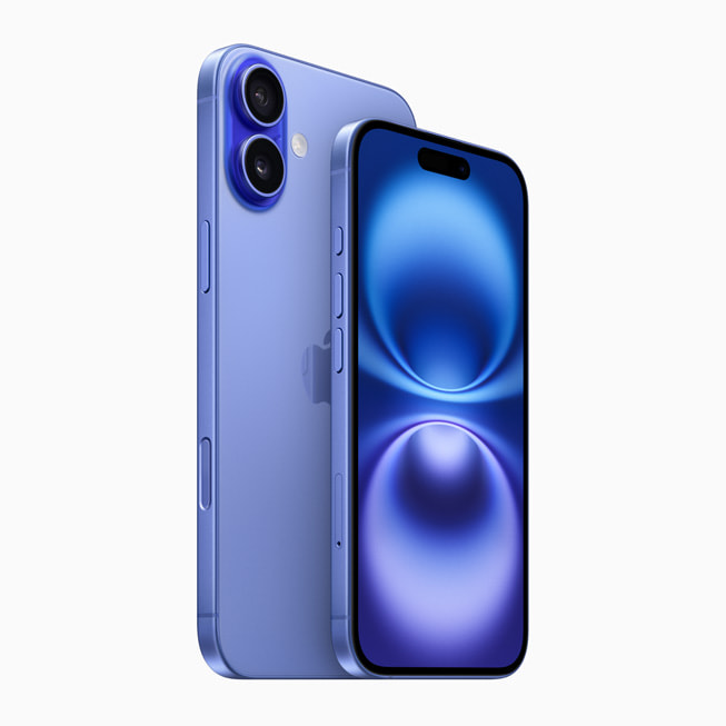 El iPhone 16 Plus y el iPhone 16 en azul ultramar.