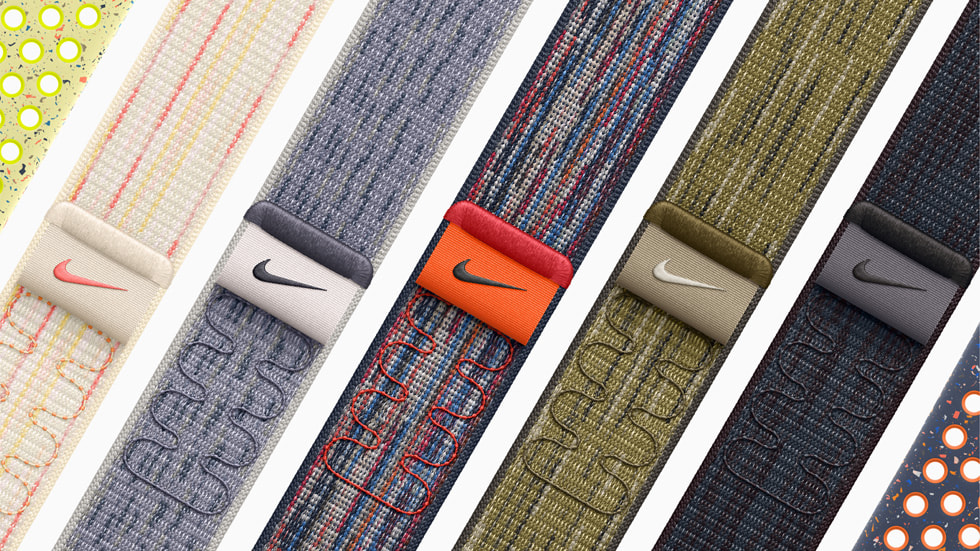 Nike Sport Loop og Nike Sport Band vises i ulike fargekombinasjoner.