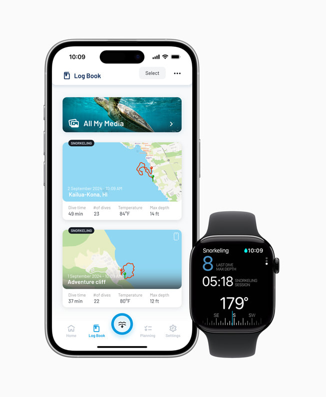 Oceanic+-appen vises på iPhone 16 Pro og Apple Watch Series 10.