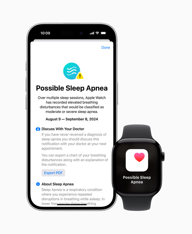 På skjermene til iPhone 16 Pro og Apple Watch Series 10 står det «mulig søvnapné». På iPhone 16 Pro vises det også mer informasjon.