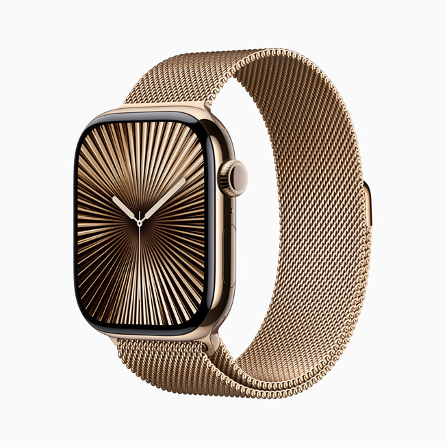 Apple Watch Series 10 av titan i gull.