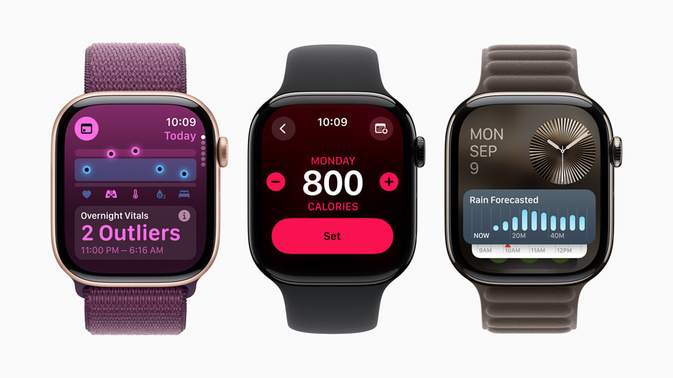 Three Apple Watch Series 10 devices show updates available in watchOS 11, including the Vitals app and the more intelligent Smart Stack.