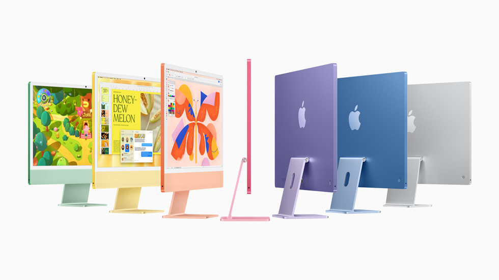 The new iMac is shown in green, yellow, orange, pink, purple, blue, and silver.