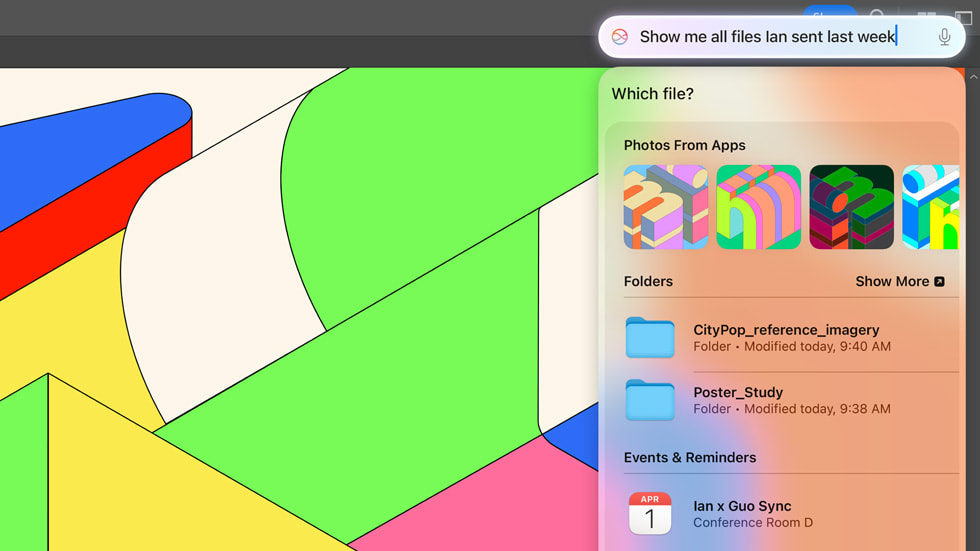 A typed request to Siri says, “Show me all files Ian sent last week.”