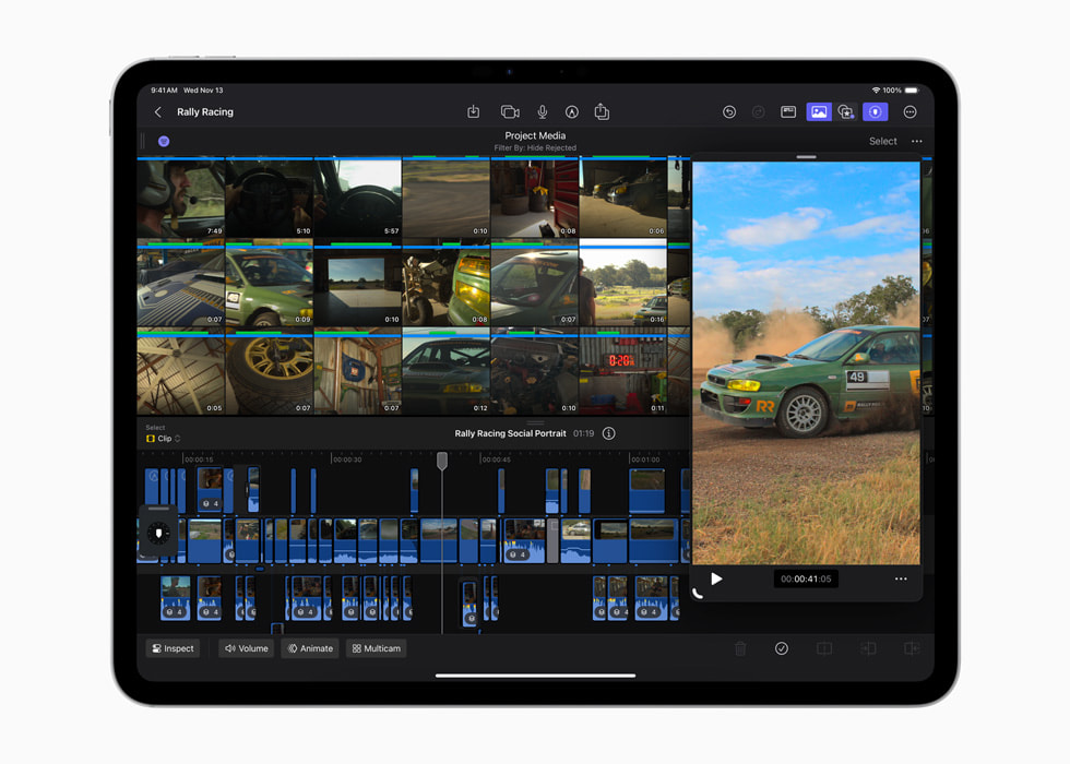 iPad Pro’da iPad için Final Cut Pro 2.1’de iş akışlarına getirilen yenilikler gösteriliyor.
