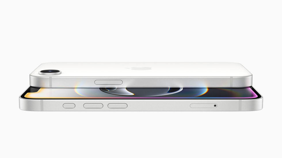 Dois aparelhos iPhone 16e brancos empilhados.