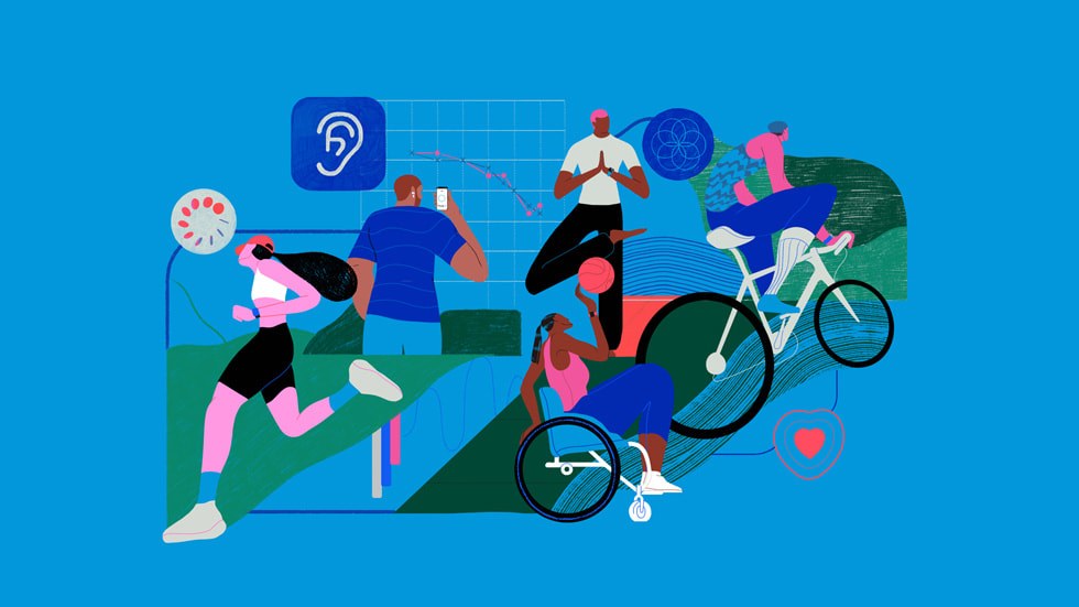 Una ilustración muestra el ecosistema de Apple en torno a la salud y el bienestar.