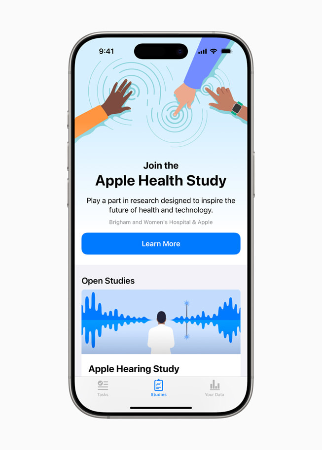 En un iPhone 16 Pro, una pantalla en la app Investigación dice “Únete al estudio de salud de Apple” y muestra un botón que dice “Ver más”.