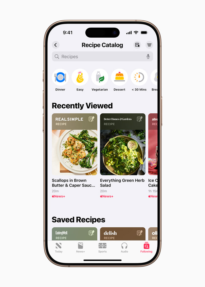 The recipe catalog in the new Food section in the Apple News app.
