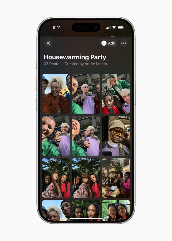 iPhone 16 Pro’daki Apple Davetiye uygulamasında, Eve Merhaba Partisi adlı bir etkinlik için paylaşılan fotoğraf albümü gösteriliyor.