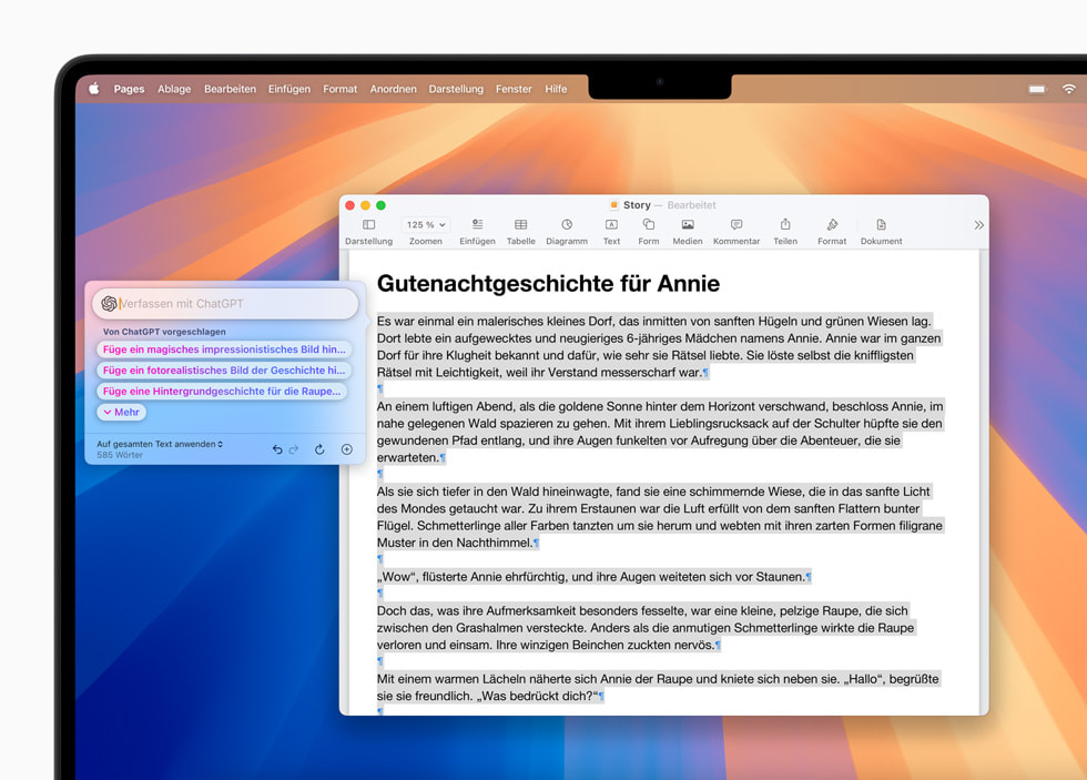 Schreibwerkzeuge mit ChatGPT Integration in Pages in macOS Sequoia.