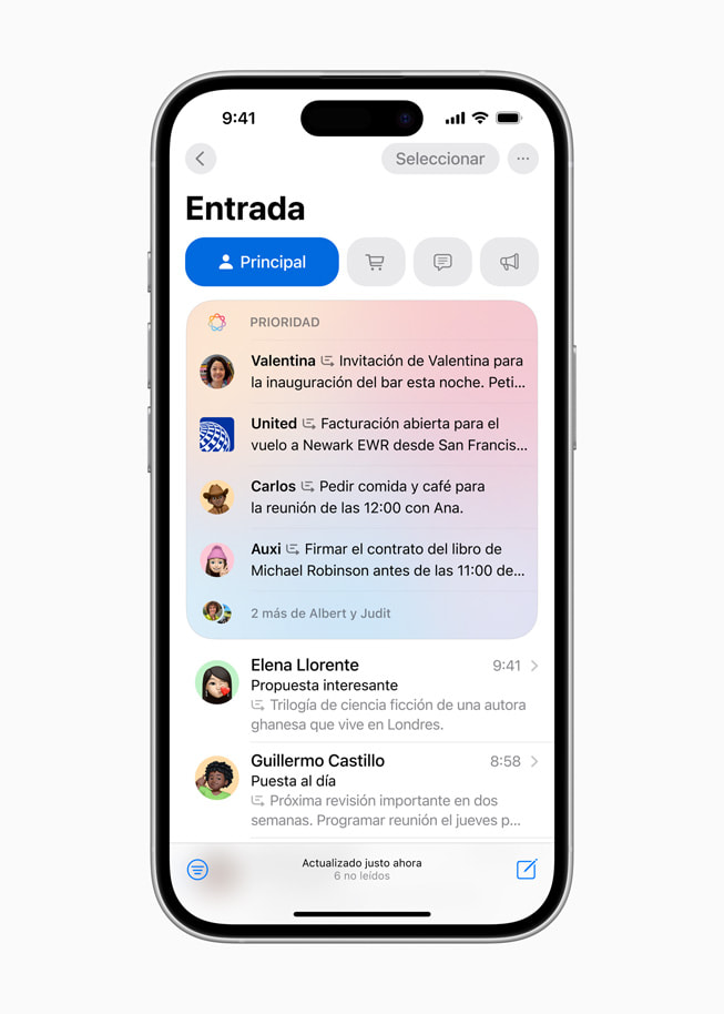 Un iPhone 16 muestra una pantalla de Mensajes Prioritarios con una lista de emails importantes.