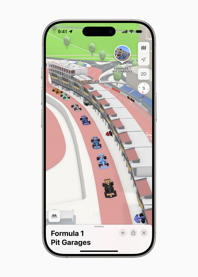 Een iPhone 16 Pro met de F1 Paddock Club in Apple Kaarten.