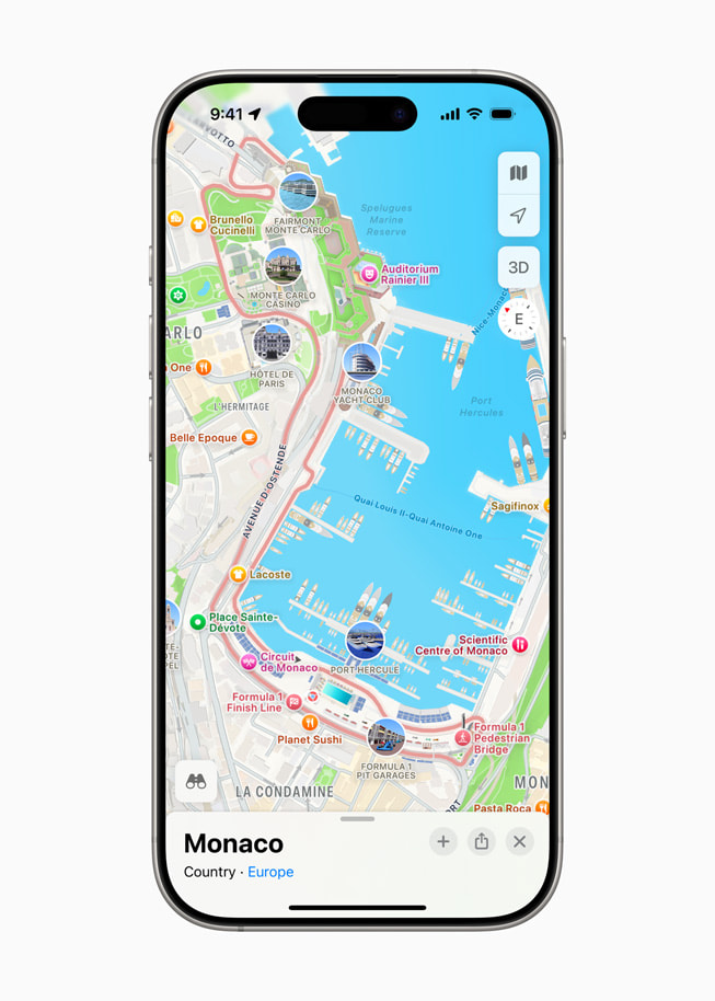 Een iPhone 16 Pro met een overzicht van het Circuit de Monaco in Apple Kaarten.