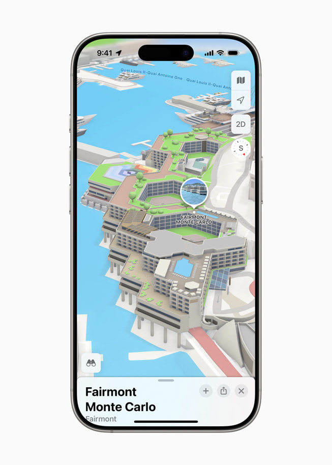 Een iPhone 16 Pro met een 3D-afbeelding van het Fairmont Monte Carlo in Apple Kaarten.