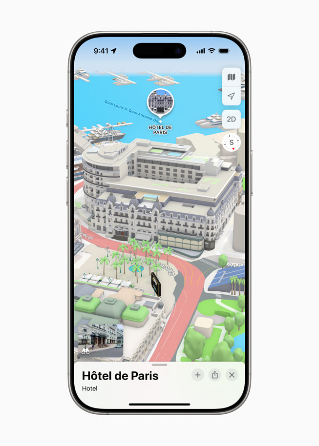 Een iPhone 16 Pro met een 3D-afbeelding van het Hôtel de Paris Monte-Carlo in Apple Kaarten.