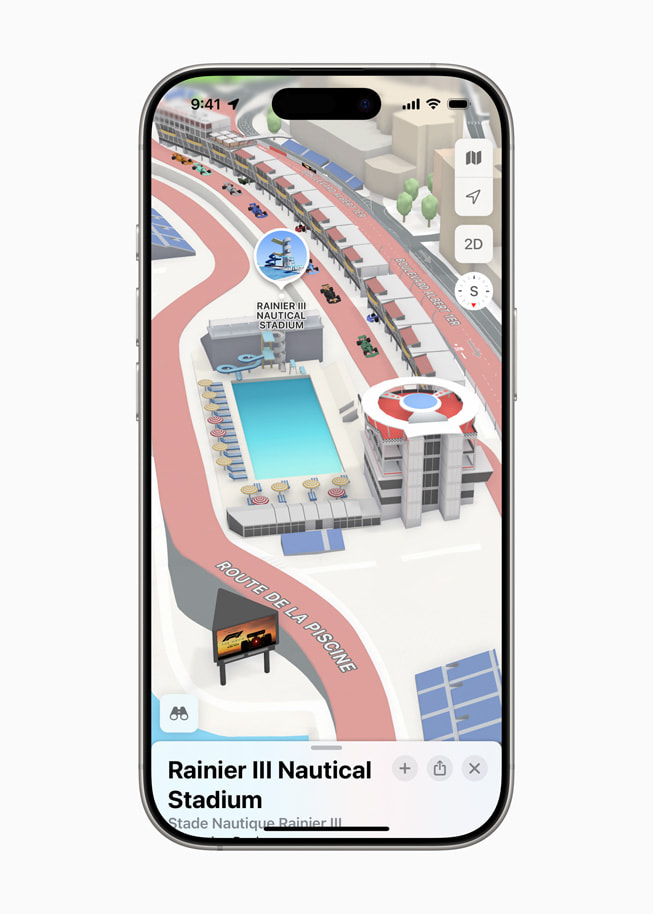 Een iPhone 16 Pro met het Stade Nautique Rainier III in Apple Kaarten