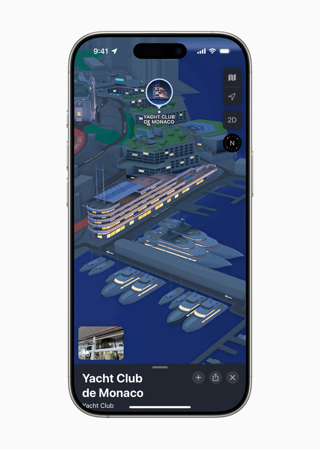 Een iPhone 16 Pro met een 3D-afbeelding van de Yacht Club de Monaco in Apple Kaarten.