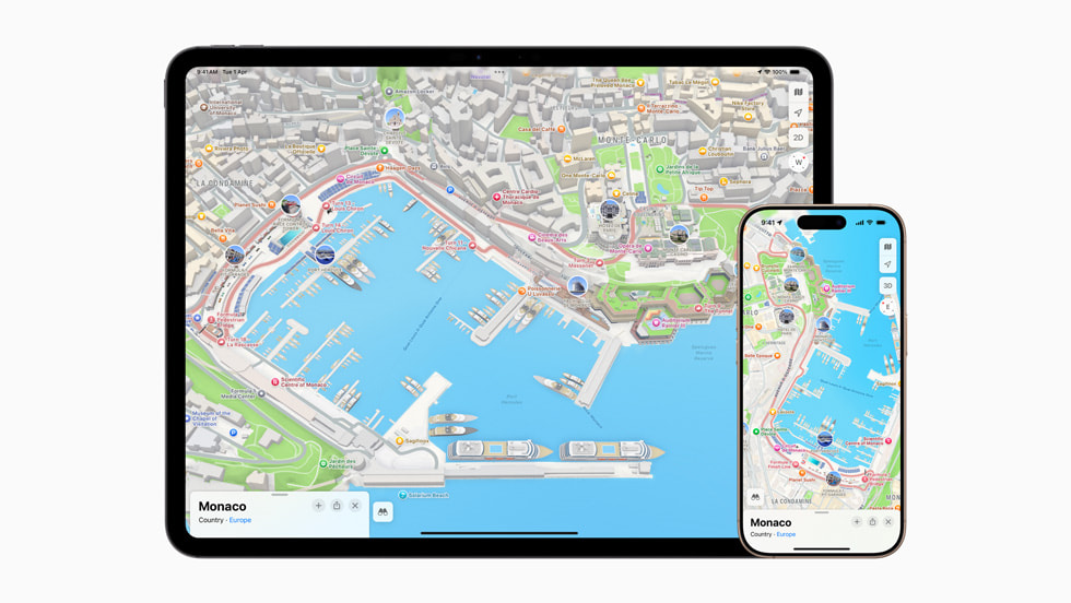 Een iPad met een nieuwe ‘Steden in Detail’-weergave van Monaco in Apple Kaarten.