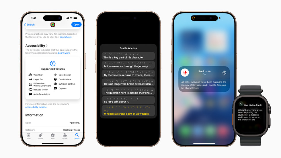 Se ven las fichas de accesibilidad, la funcionalidad Acceso Braille y los controles de Escucha en Vivo en las pantallas de distintos iPhone, así como Subtítulos en Vivo en un Apple Watch.