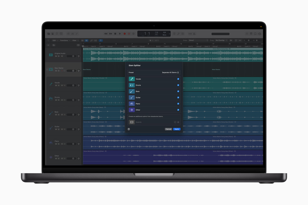 Ukázka nových funkcí Stem Splitteru v aplikaci Logic Pro na Macu