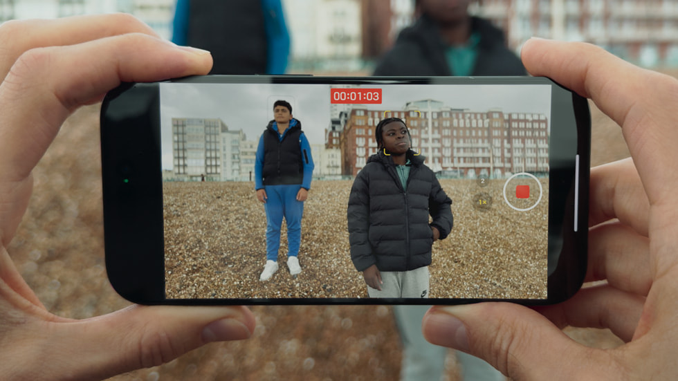 A close-up of two young actors, as seen through iPhone 16 Pro.