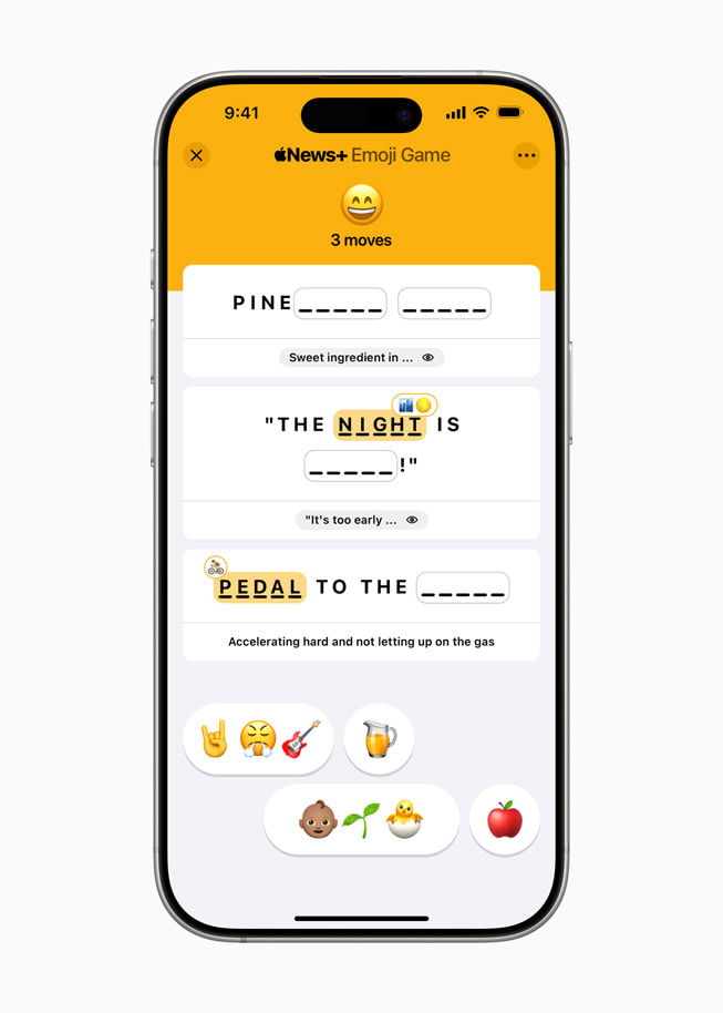 En un iPhone 16 Pro, Apple News muestra el nuevo título Emoji Game en Rompecabezas de Apple News+.
