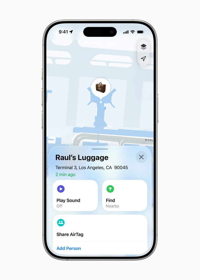 Un iPhone 16 Pro muestra la ubicación de un AirTag colocado en el equipaje de un usuario.