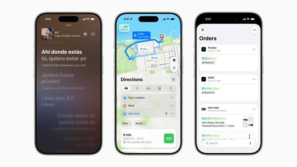 Tres dispositivos iPhone 16 Pro muestran las próximas actualizaciones a los servicios de Apple. De izquierda a derecha: Traducción de Letras en Apple Music, rutas preferidas en Mapas de Apple y seguimiento de pedidos en Apple Wallet.