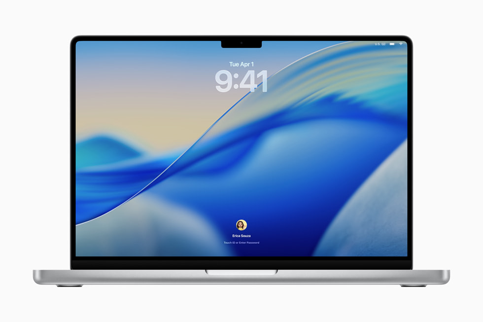 macOS Tahoeの新しいデザインでロック画面が表示されている16インチMacBook Pro。
