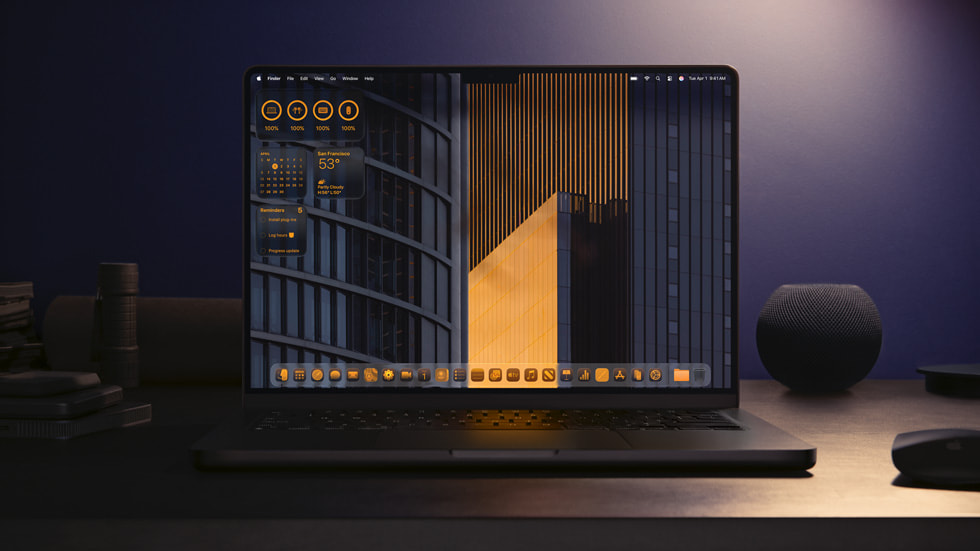 新しいデザインのホーム画面が表示されているMacBook Pro。 