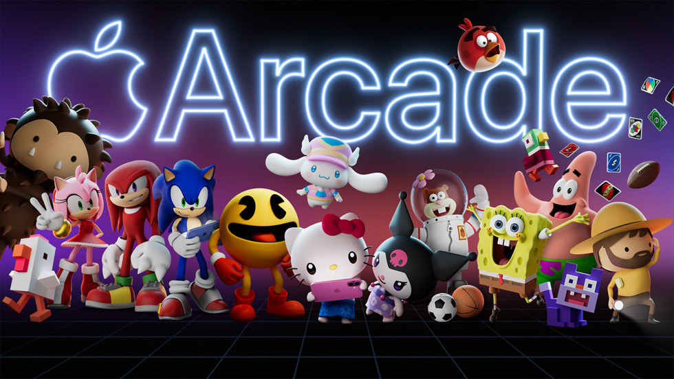 رسومات لخدمة Apple Arcade تُظهر شخصيات من عدد من عناوين الخدمة.