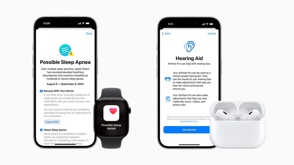 全新睡眠呼吸中止症與聽力健康功能顯示於兩部 iPhone 16 Pro 裝置、Apple Watch Series 10 和 AirPods Pro 2 上。