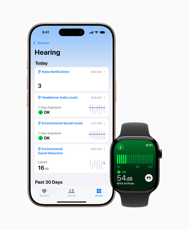 「健康」app 顯示於 iPhone 16 Pro 上，以及 Apple Watch Series 10 上的「噪音」app。