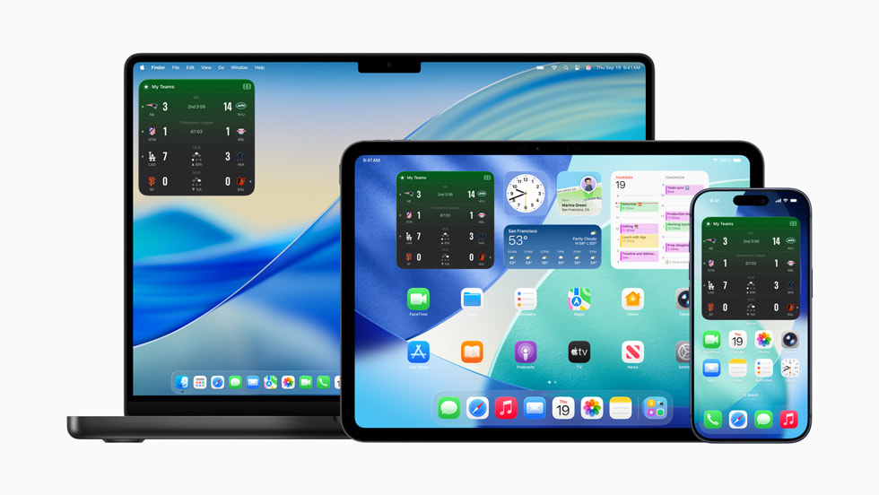 Se muestra la app Apple Sports en una Mac, un iPad y un iPhone.