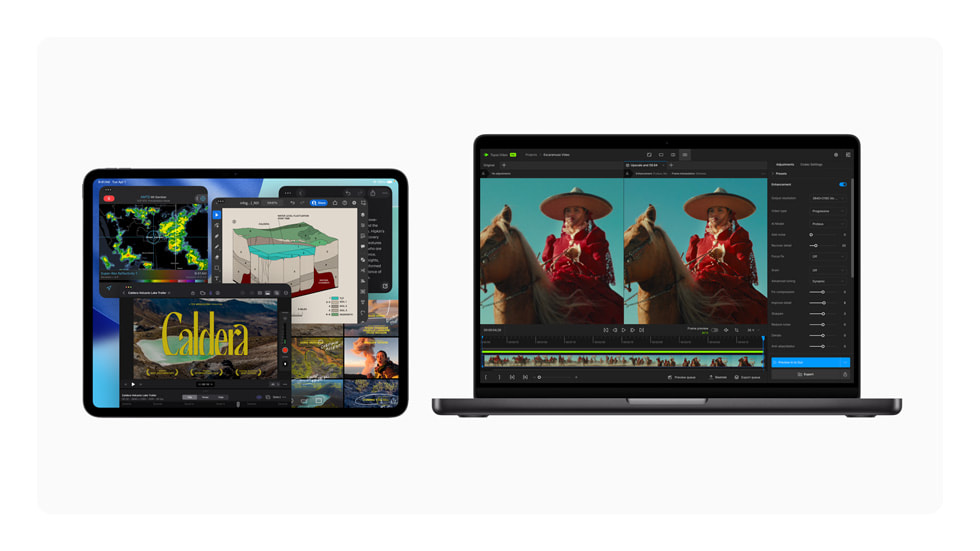 El iPad Pro de 11 y 13 pulgadas y la MacBook Pro de 14 pulgadas color negro espacial.