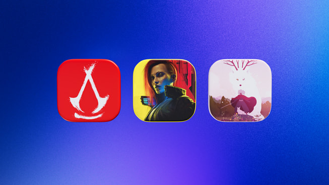 Three icons representing Assassin’s Creed Shadows, Cyberpunk 2077: Ultimate Edition, and Neva.